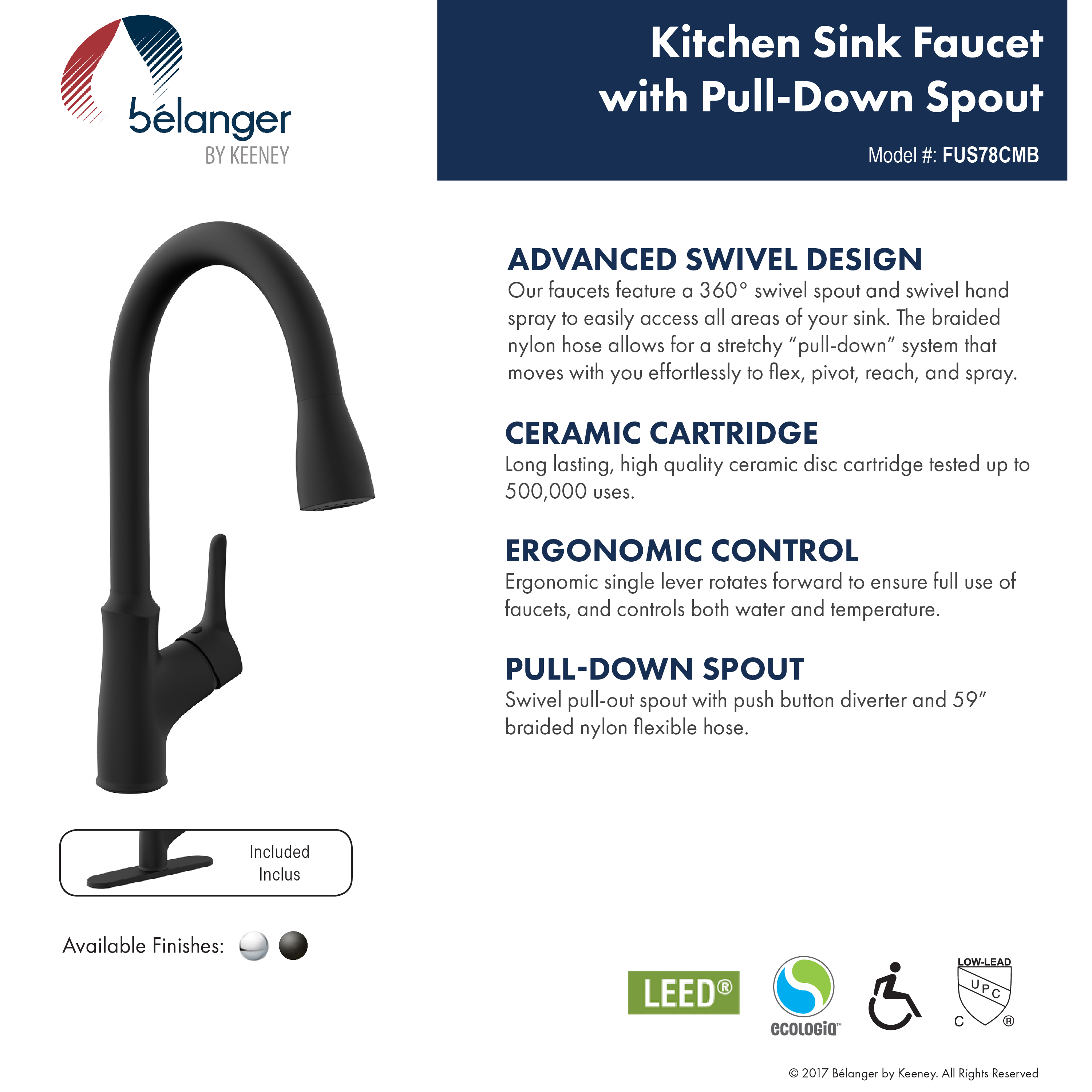Belanger FUS78CMB Single Handle Pull-Down Kitchen Faucet, Matte Black