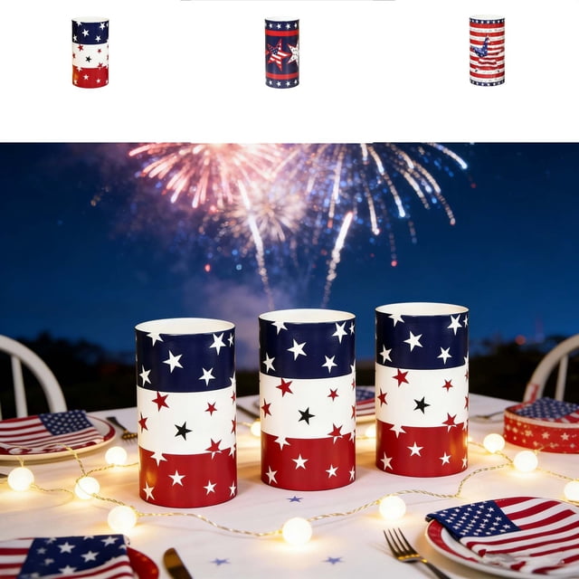 YYV Independence Day Flameless Electronic Candle Decorative Lamp Remote Timer Battery Operated Single Pillar Light For Tabletop Mantel Photo Props And Holiday Atmosphere