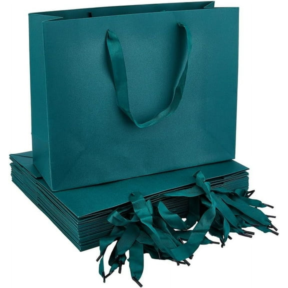 12Pcs Large Gift Bag Green Kraft Paper Bags with Ribbon Handle Rectangle Heavy Duty Paper Gift Bags