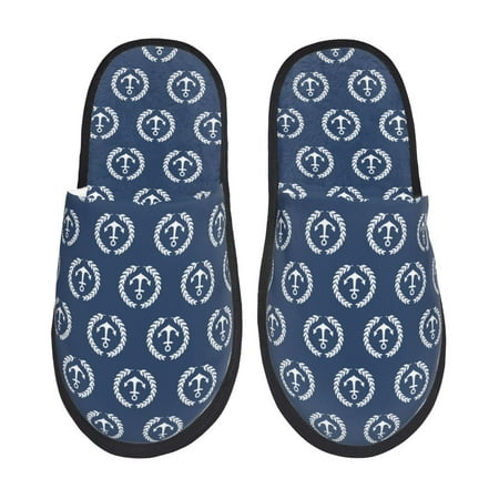 Balery Navy Nautical Slient Indoor Furry Fleece Comfort House Shoes Soft Non-Slip Home Shoes Cotton slippers House Slippers-- Large