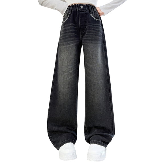 GiLiling Girls Vintage Cargo Jeans High Waist Wide Leg Baggy Denim Pants Elastic Waist Y2k Aesthetic Casual (Black, 13-14 Years) (Black, 11-12 Years)