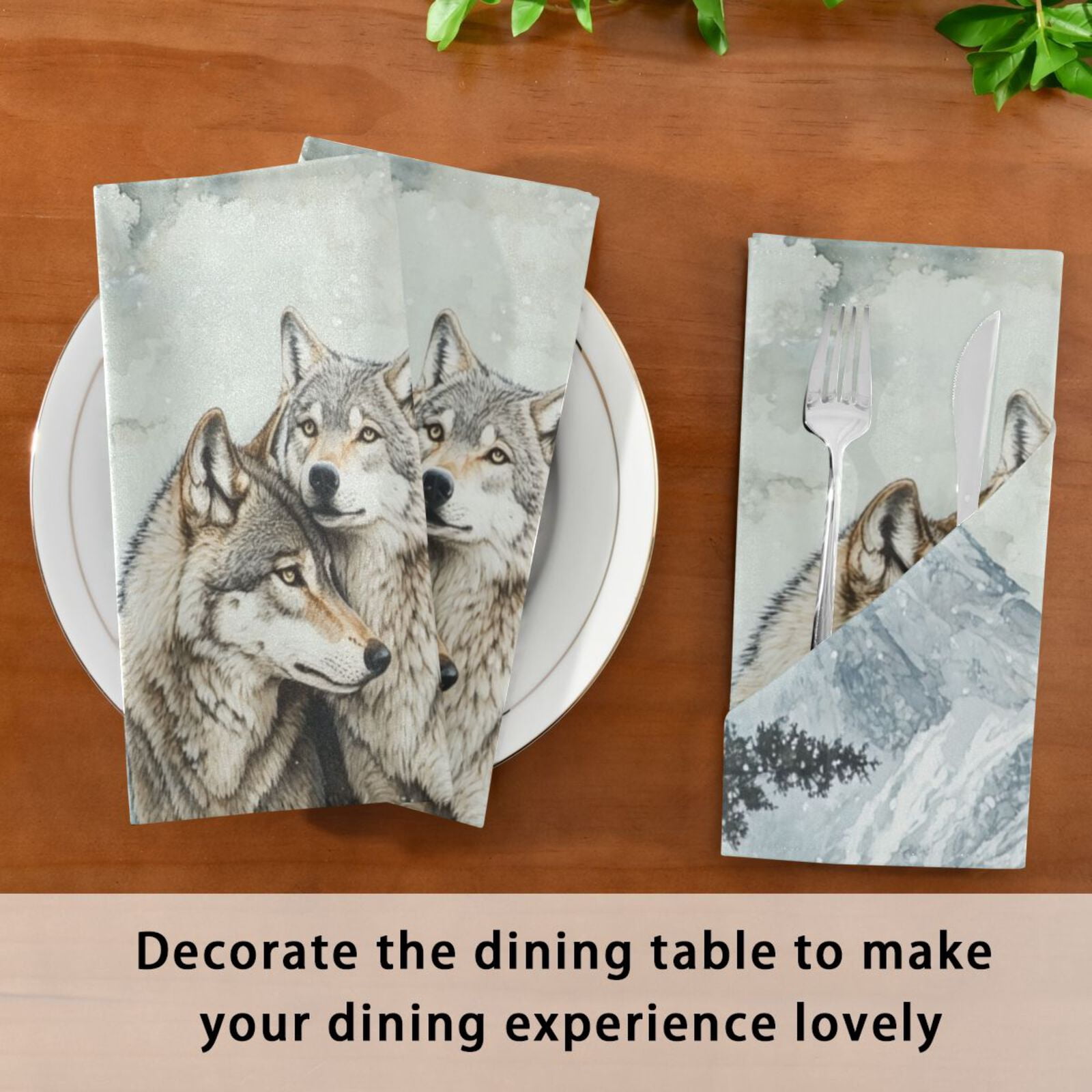 JSTEL 2 Wolves Snow Montain Cloth Napkins Set of 6, 20x20 Inch Washable and Reusable Napkin for Decoupage Dinner Party Everyday Use