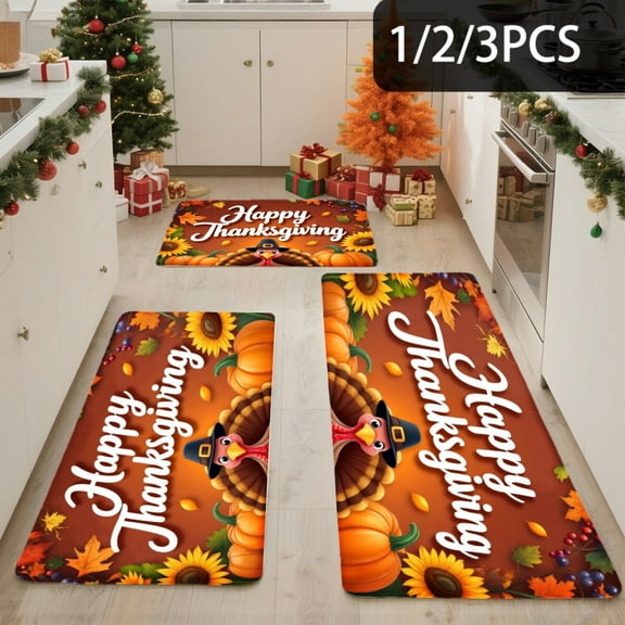 3PCS Kitchen Mat set,Welcome Door Flannel Rug,Home Decor for Front Door,Kitchen, Bathroom,Happy Thanksgiving Pumpkin Sunflower Design ,Gifts for family and friends.