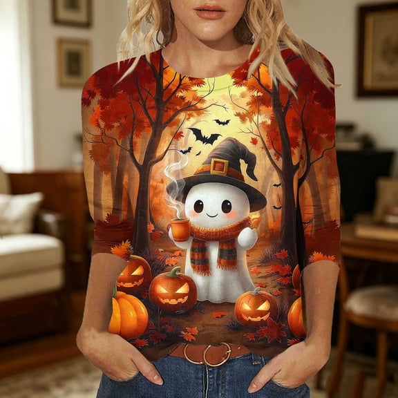 Zorckvet Women's T-Shirt - Ghost Print, 3/4 Sleeve & Crew Neck
