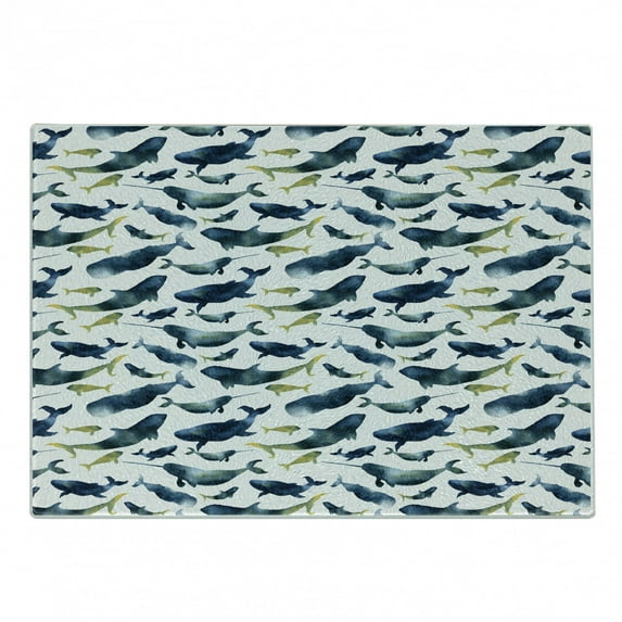 Narwhal Cutting Board, Watercolor Whales of the Arctic Ocean Cachalot Orca Blue Whale Illustration, Decorative Tempered Glass Cutting and Serving Board, Small Size, Dark Blue Yellow, by Ambesonne