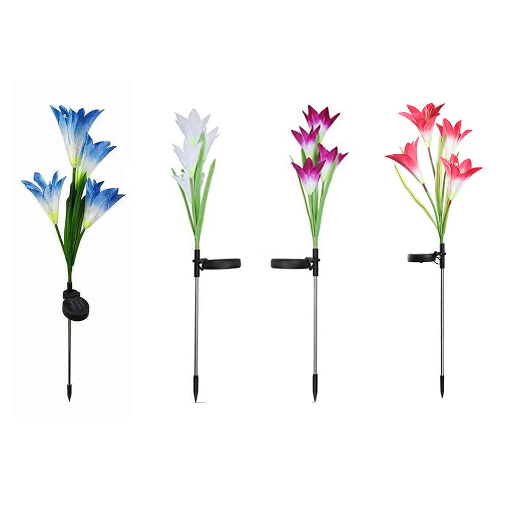Brand New Outdoor 4 Solar Lily Lantern Led Artificial Flower Decorative