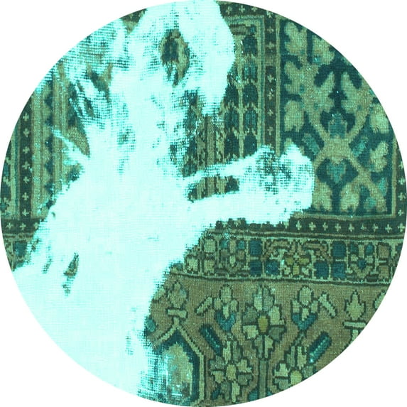 Ahgly Company Machine Washable Indoor Round Oriental Turquoise Blue Modern Area Rugs, 3' Round