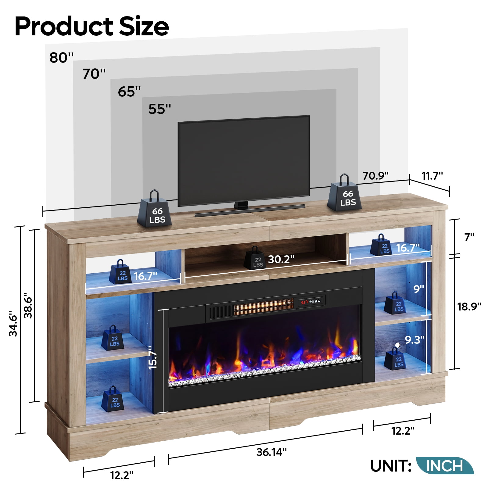 Bestier 71" Fireplace LED TV Stand with 36" Electric Fireplace and Storage Entertainment Center Console Table for TVs up to 80", Gray Wash