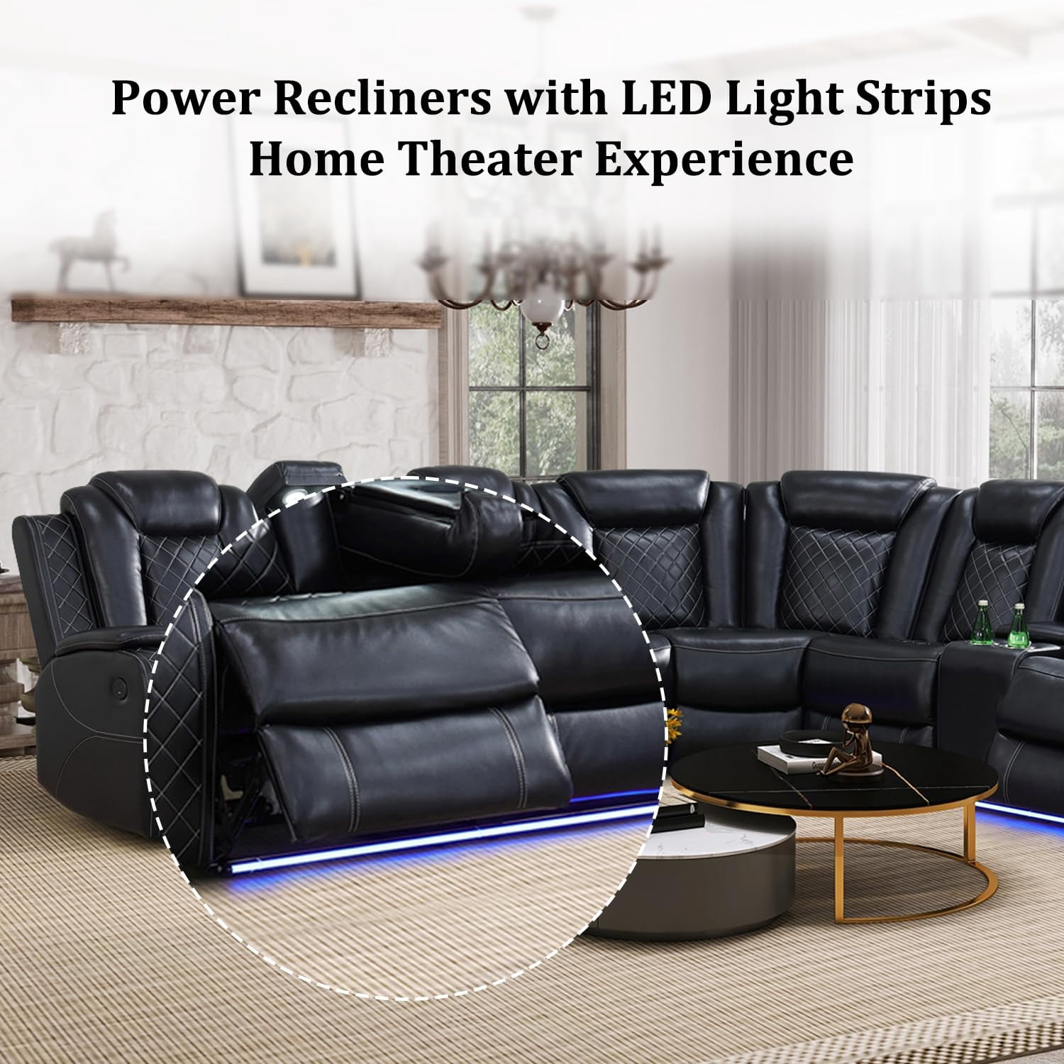 Pon Living Power Recliner Sofa Set, LED-Lit, Black Leather Sectional, USB-Charging, Versatile for Living Room, Apartment, Office, Home Theatre, Ultimate Comfort Experience