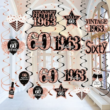

16pcs 60th Birthday Decorations Hanging Swirls for Women Rose Gold Vintage 1963 60th Birthday Foil