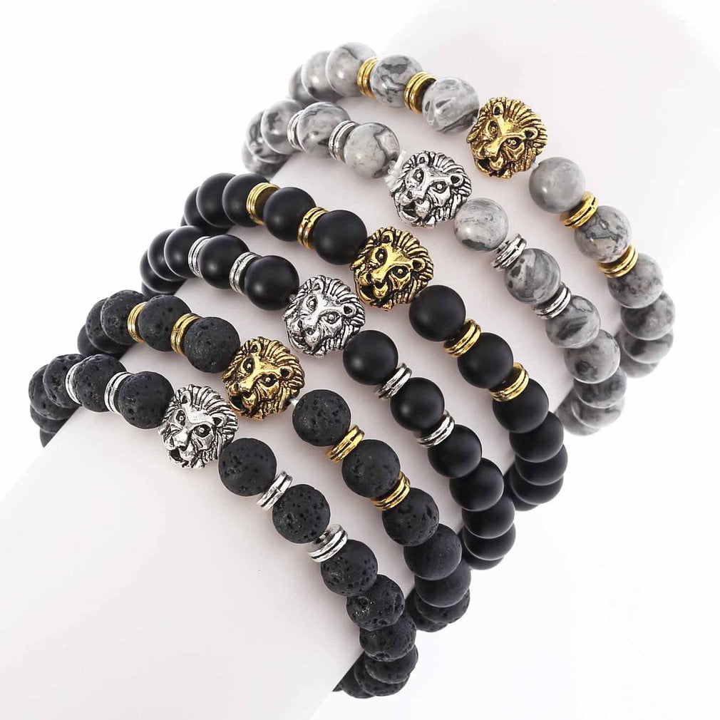 Leo Lion Head Lava Stone Beaded Bracelet With Silver Accents