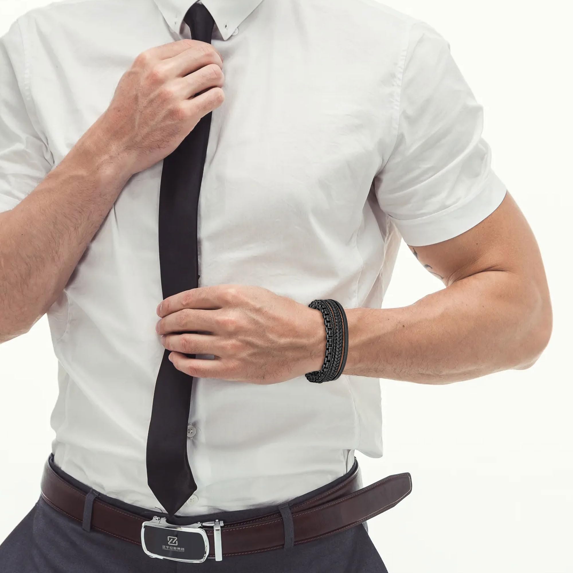 Speroto Mens Bracelets,Leather and Steel Bracelets, Chain Bracelets with Clasp,Steel Bracelets for Men