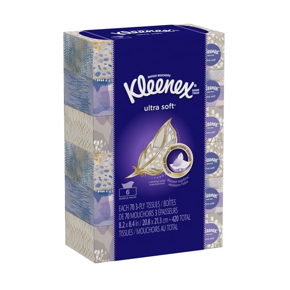 Kleenex Ultra Soft Facial Tissues per Box, 6 Flat Boxes (420 Total Tissues)