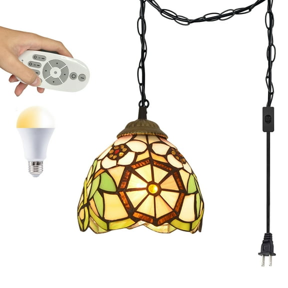 Kiven Plug in Iron Pendant Light, Tiffany Hanging Light with Remote Control and 15FT Plug-in Cord, Dimmable Ceiling Pendant Light for Bedroom Hallway Foyer Kitchen Island,1-Light