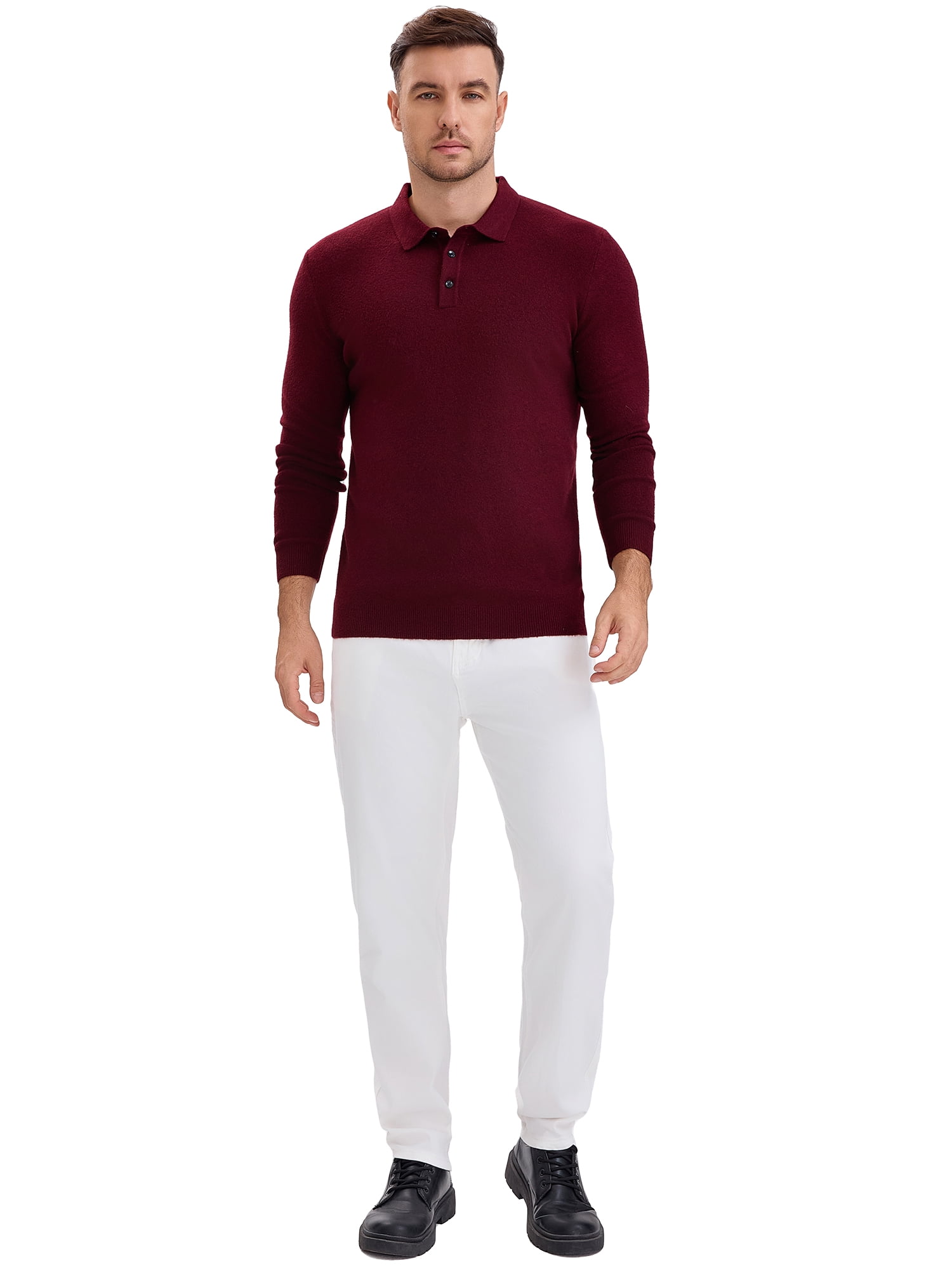 DARING DIVA Men's Long Sleeve Pullover Business Knitted Polo Shirt M Burgundy