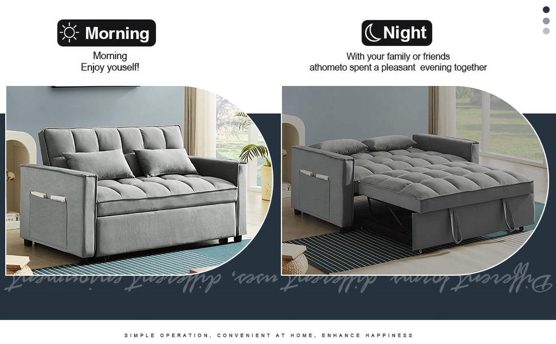 Muumblus 55" Pull Out Futon Sofa Bed, Convertible Sleeper Loveseat with Adjsutable Backrest, Modern Velvet Couch for apartment, Grey
