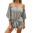 thumbnail image 2 of TODOZO Strapless Tops for Women Beach Vacation T Shirts Fashion Outfits Summer Tops for Women 2025 Off The Shoulder Tops Women Summer 3/4 Bell Sleeve Tie Knot Boho Shirt Blouses Grey Xl, 2 of 4