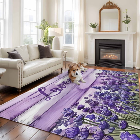 Purple Lavender Large Area Rugs 8x10 ft Country Watercolor Style Wood Board Washable Rug Non Slip Indoor Carpet Absorbent Floor Mat for Living Room Bedroom Dining Room