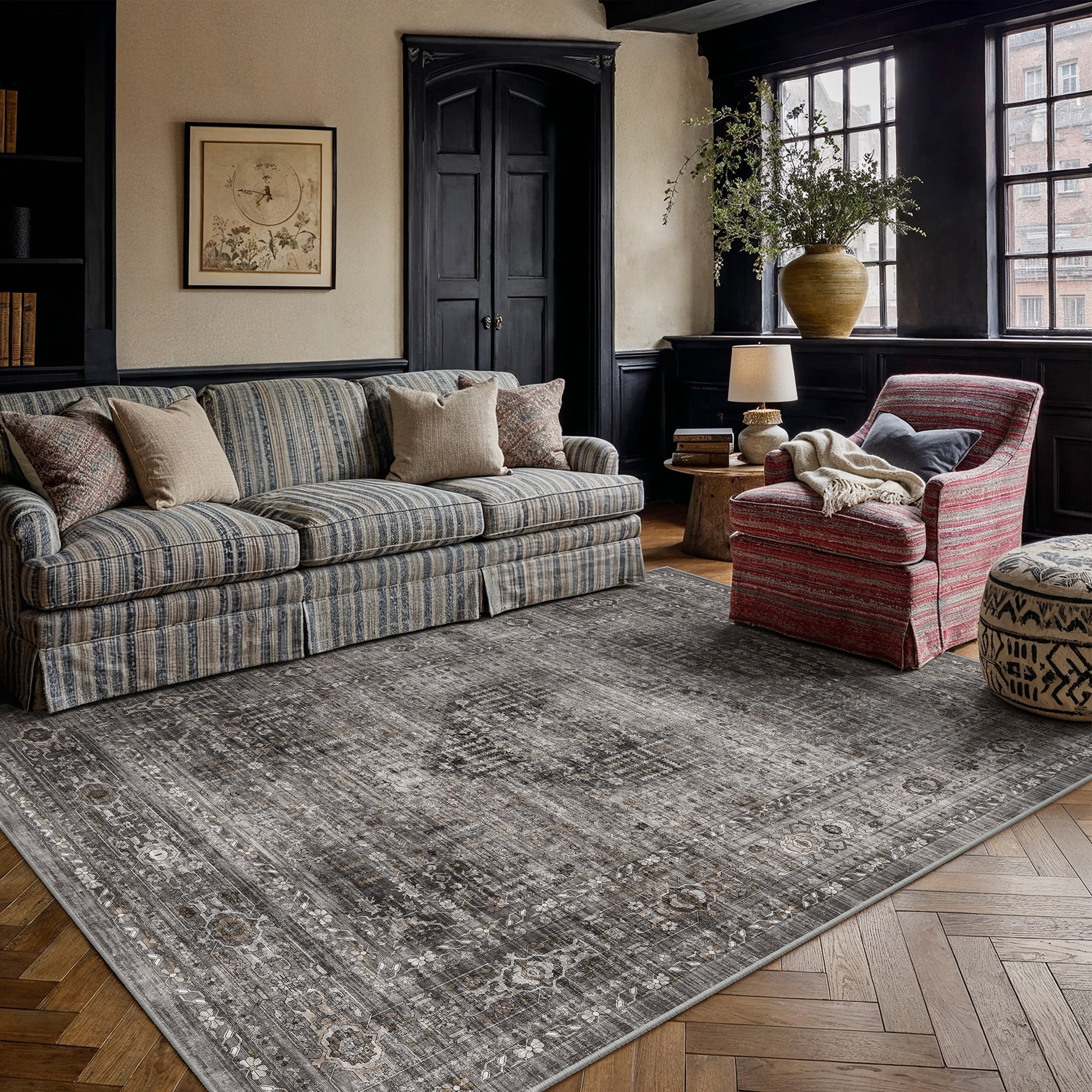 BERTHMEER 8'x10' Area Rugs for Living Room Bedroom Vintage Brown Carpets Kitchen Office Machine Washable Farmhouse Dining Room Oriental Rugs Non Slip Traditional Distressed Rugs
