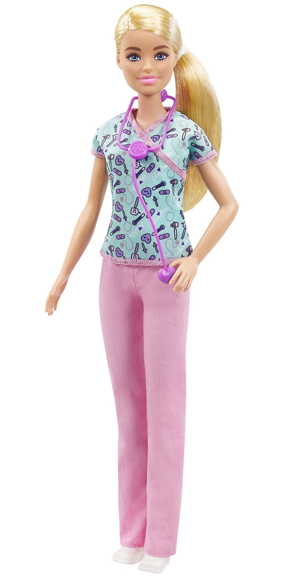 Barbie Career Nurse Doll, Blonde with Scrubs Featuring a Medical Tool Print Top and Pink Pants, White Shoes and Stethoscope Accessory
