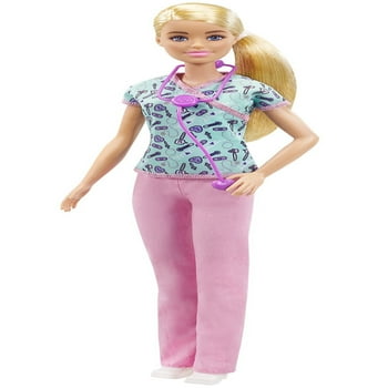 Barbie Career Nurse Doll, Blonde with Scrubs Featuring a Medical Tool Print Top and Pink Pants, White Shoes and Stetho Accessory