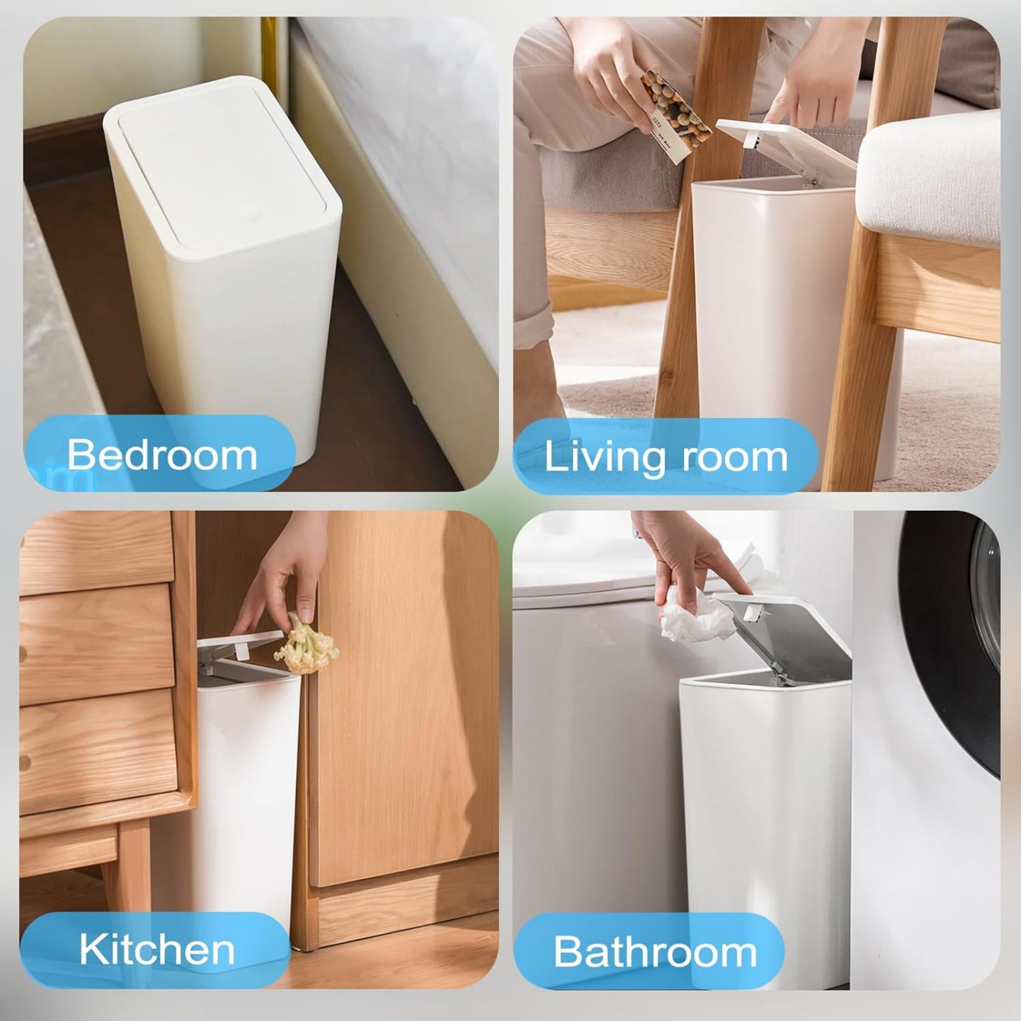3 Pack Slim Plastic Trash Can, 2.6 Gallon Garbage Can with Press Top Lid, Modern Waste Basket for Bathroom, White
