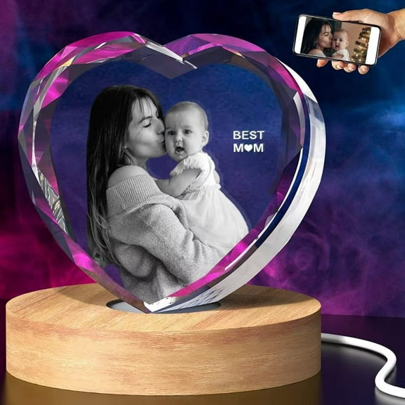 AISENIN Custom Heart Engraved Crystal 3D Crystal Photo Personalized Gifts with Your Own Photo for Mothers Day Anniversary Memorial Wedding Birthday Christmas Etched Writing
