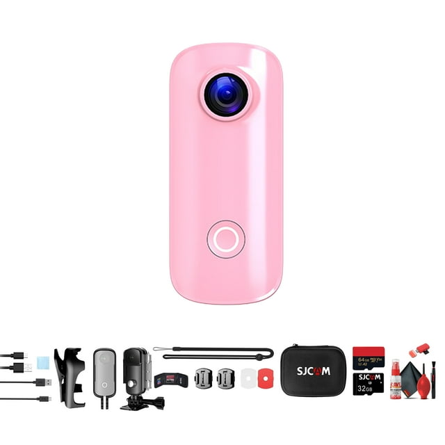 SJCAM C100 Plus Action Camera in Pink with 4K Video, EIS Stabilization, and Audio Recording, Bundle Including: 64GB Micro SD Card, Card Reader, Card Wallet, and Micro USB Cable