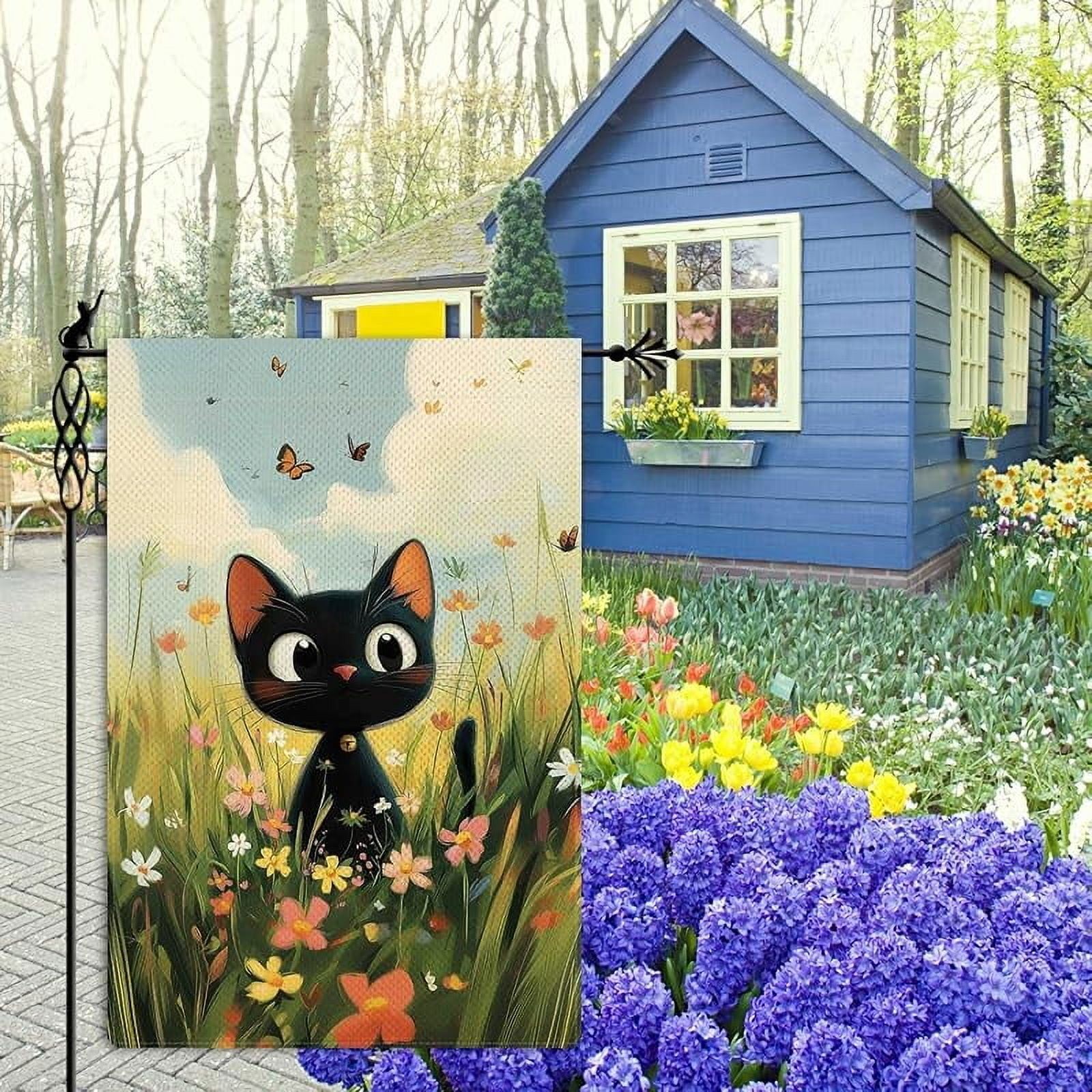Spring Cute Black Cat Garden Flag Spring Summer Butterfly Floral Flowers Garden Flag Vertical Double Sided Rustic Farmland Burlap Yard Lawn Outdoor Decor