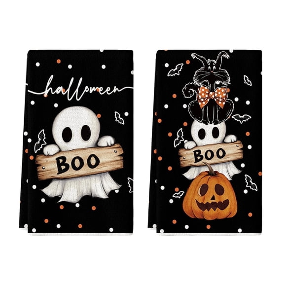 Sm:)e Bats Jack-O'-Lantern Black Cat Pumpkin Ghost Halloween Kitchen Towels Dish Towels 18x26 Inch Set of 2