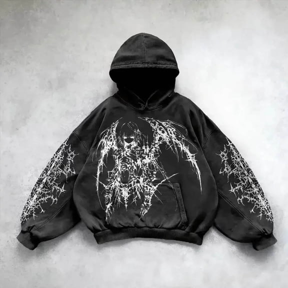 FASHOFT Gothic Hoodies for Men Grunge Graphic Print Hooded Oversized Sweatshirt Pullover Tops with Pocket Black L