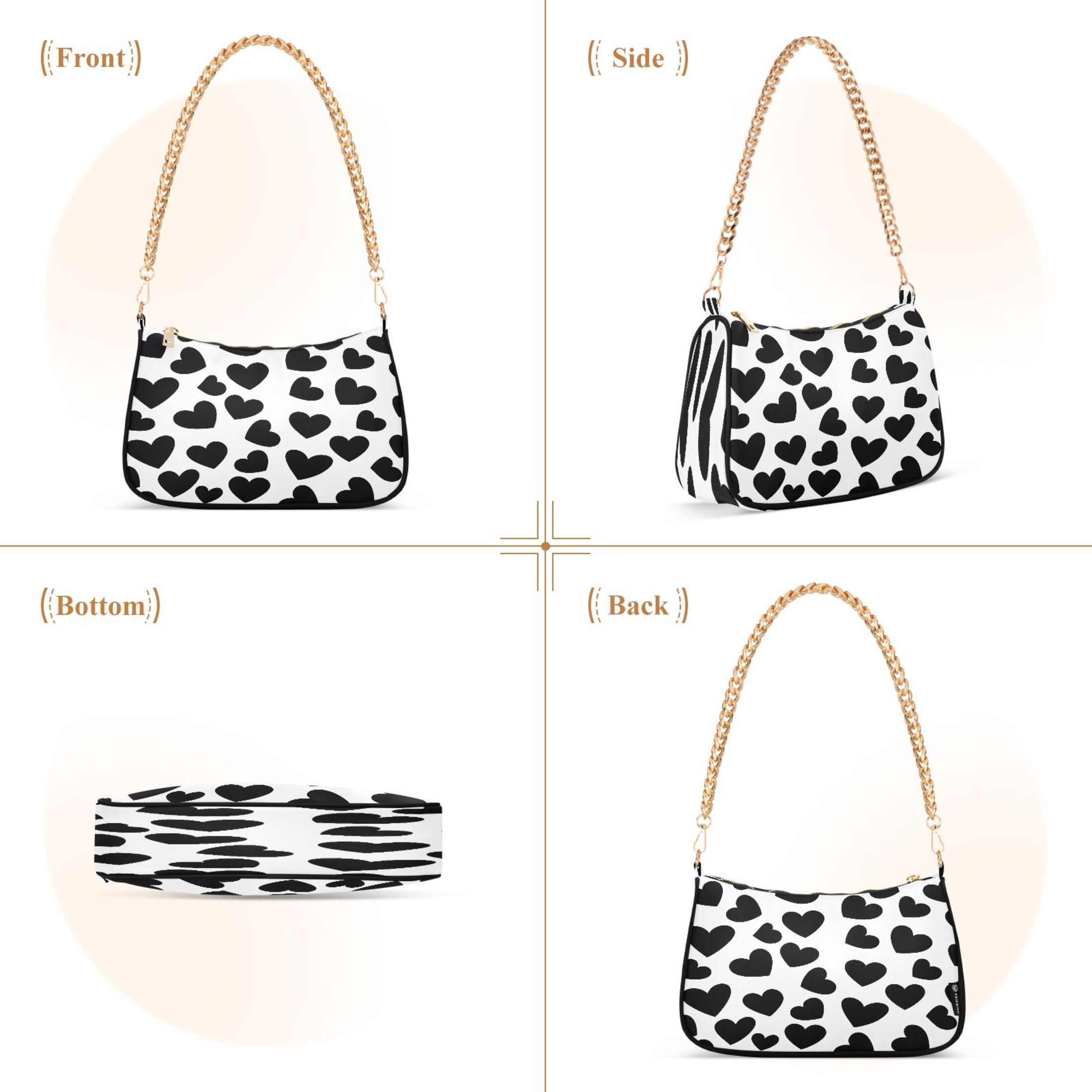 Ryvnso Black Heart Pattern Womens Chain Shoulder Bag Tote Handbags Clutch Hobo Purse with Zipper for Travel