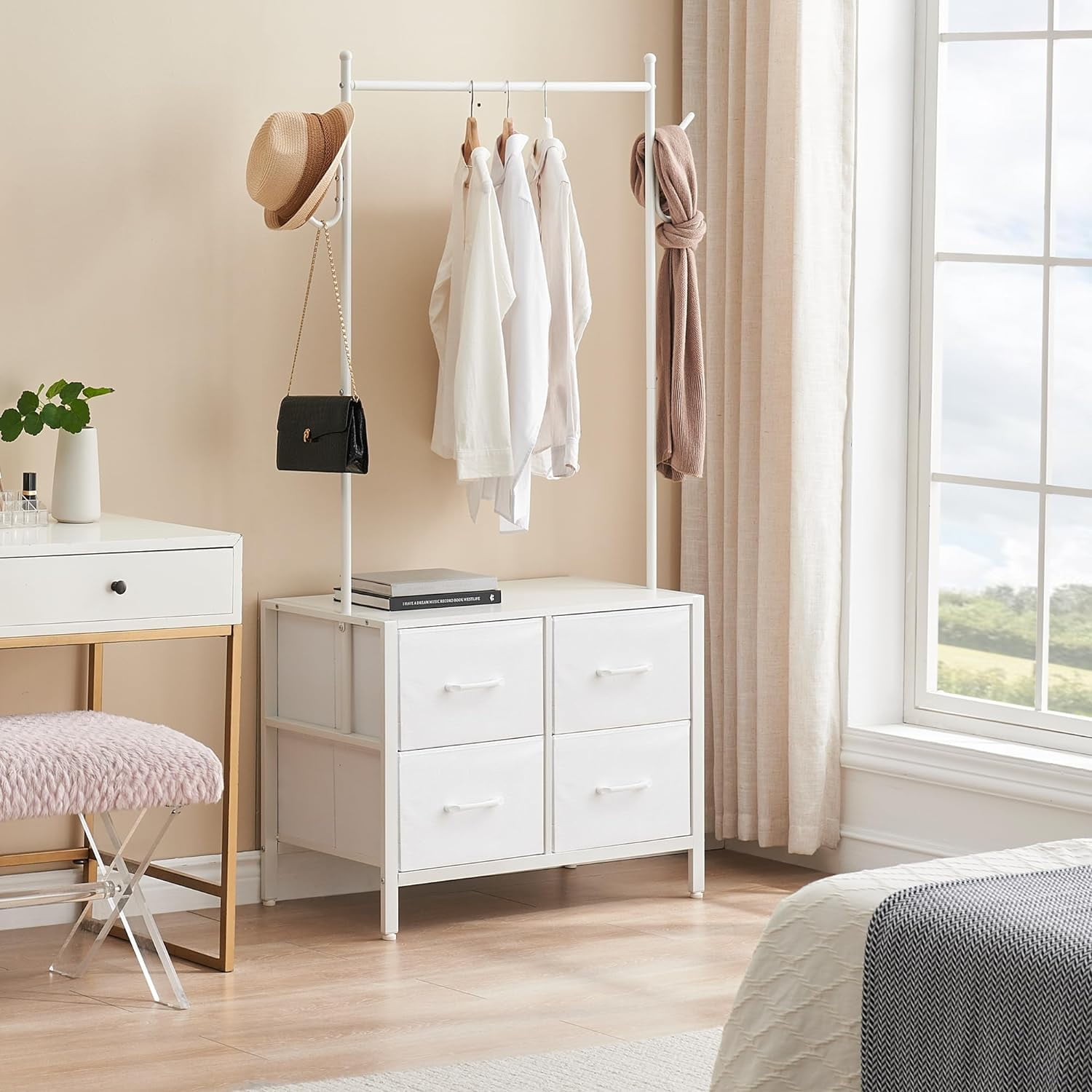 Jojoka 6-Drawers Dresser with Clothes Rack, 4 Hooks and Hanging Rods, Chest of Drawers Storage Organizer with Metal Frame, Wood Top & Fabric Drawer for Bedroom, Living Room, Entryway, Hallway, White - Jojoka 6-Drawers Dresser with Clothes Rack, 4 Hooks and Hanging Rods, Chest of Drawers Storage Organizer with Metal Frame, Wood Top & Fabric Drawer for Bedroom, Living Room, Entryway, Hallway, White -