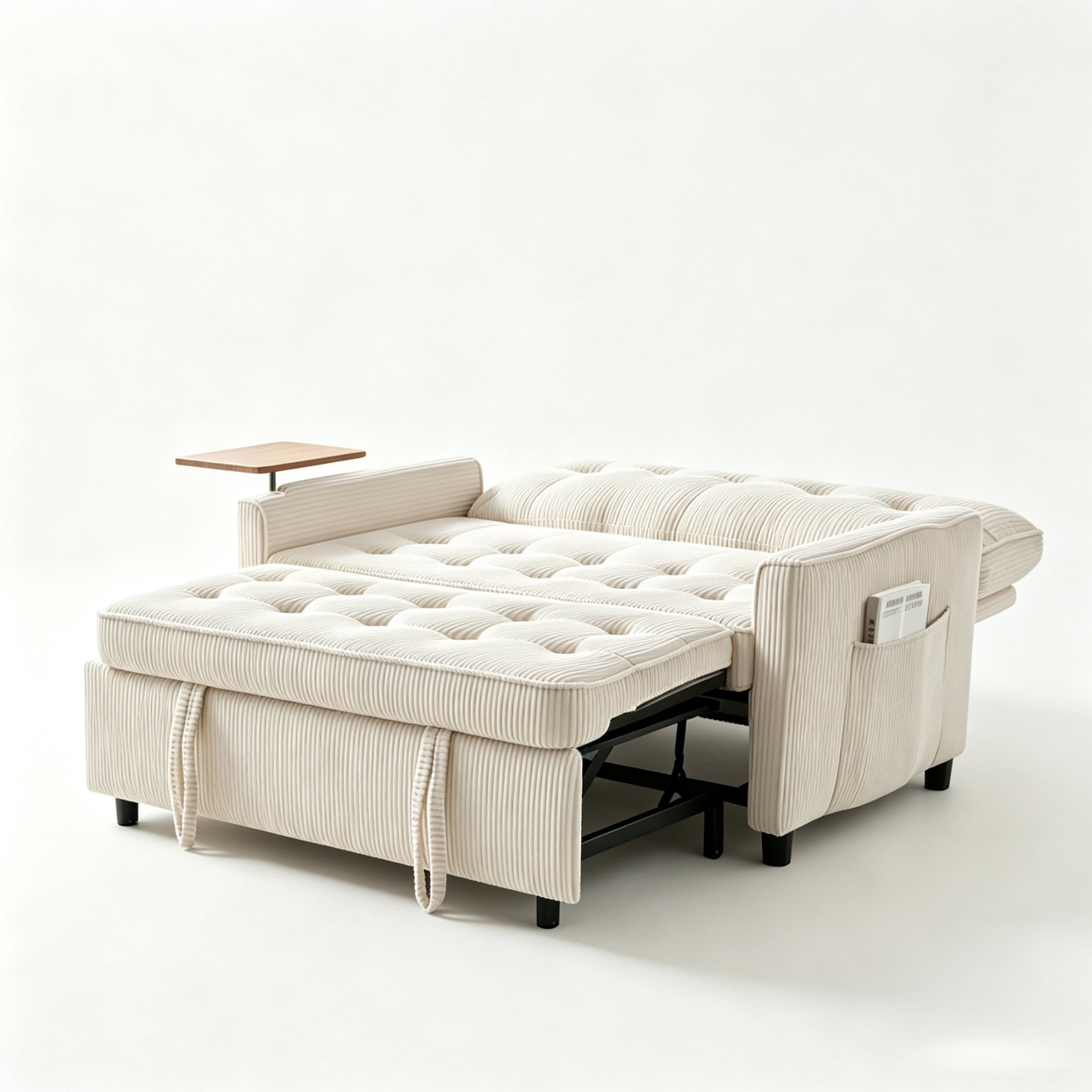 Vinform 3 in 1 Convertible Sleeper Sofa Bed, 55" Corduroy Pull Out Loveseat with Arm Table for Small Space, Beige