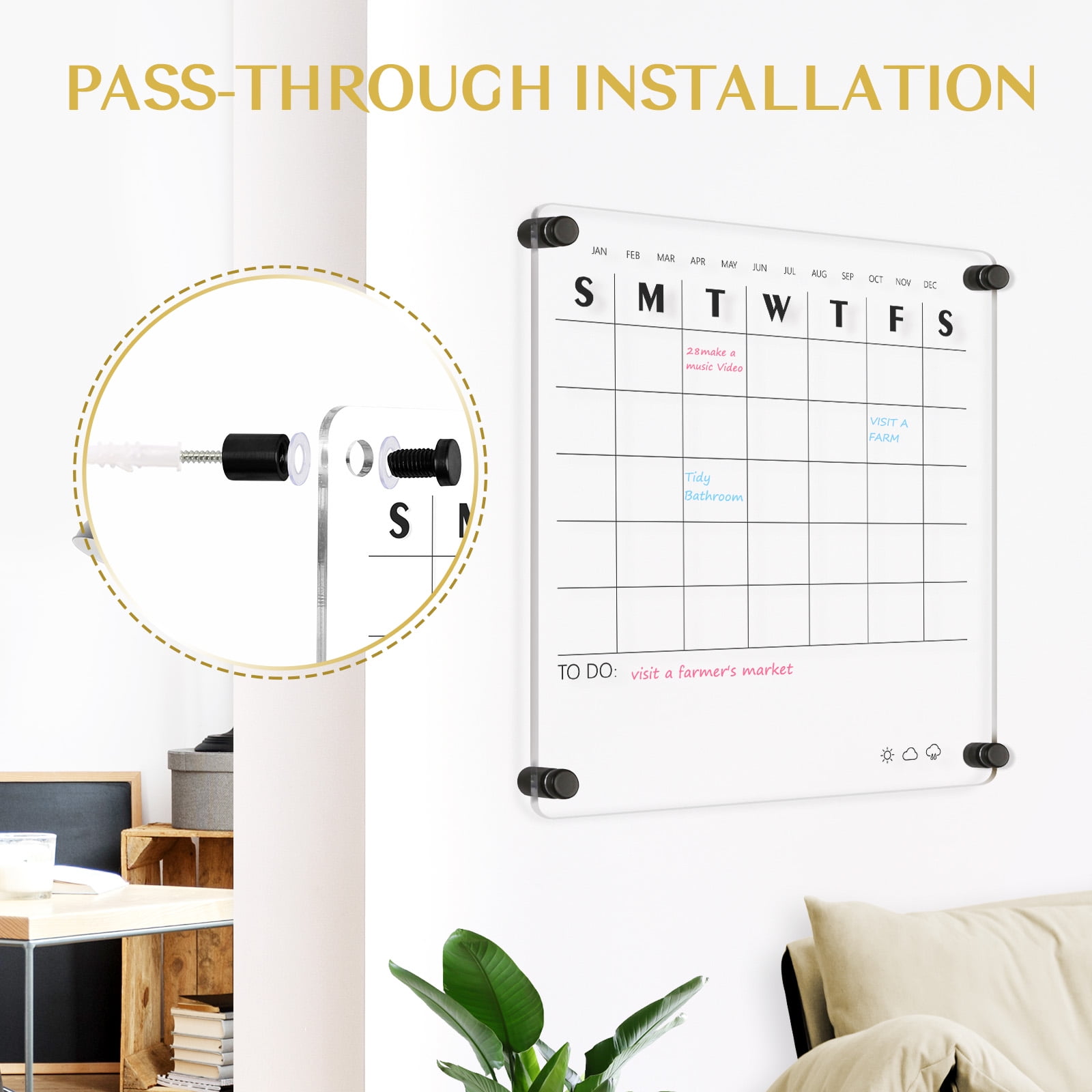 DOLLAR BOSS Reusable Acrylic Wall Calendar Clear Acrylic Monthly Wall Mounted Calendar Non-Magnetic 12"x12" Month Planner Memo Board for Home, Office, School, Task Organizer