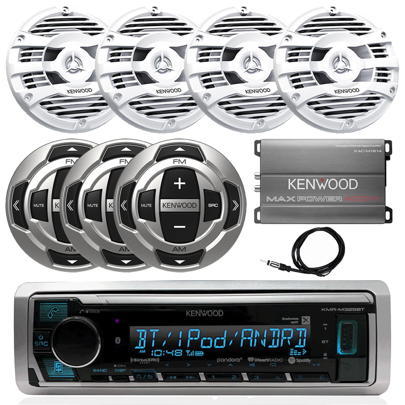 4 x 6.5" White Speakers New Marine Kenwood Bluetooth USB/AUX Input iPod Radio