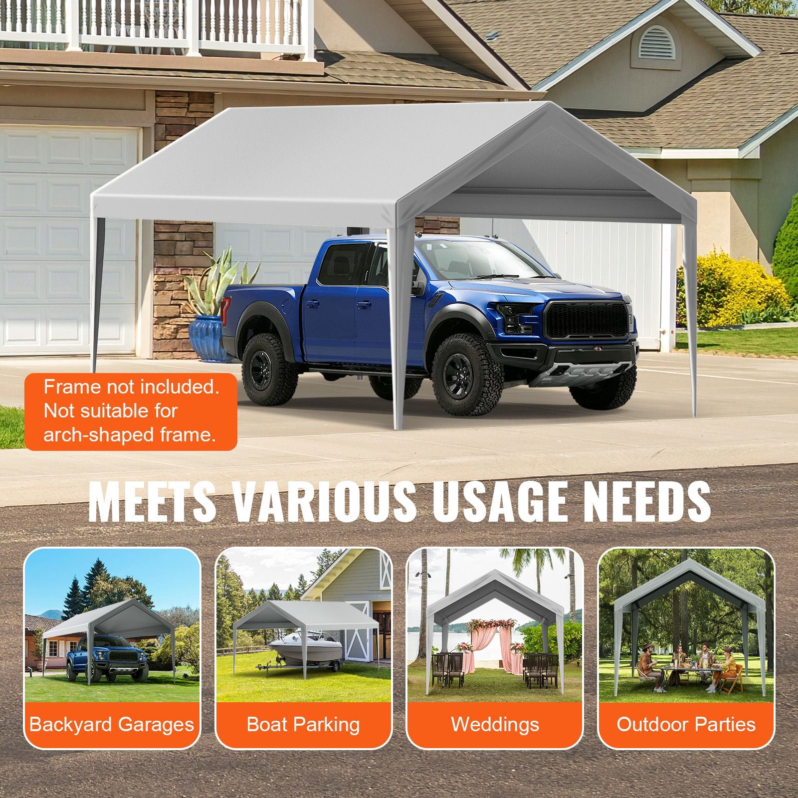 10' x 20' Carport Replacement Canopy Cover, Heavy Duty Waterproof UV Resistant Garage Top Tent Tarp Shelter, Outdoor All Weather Car Shelter Roof Cover with Bungee Cords, Gray, Frame Not Included