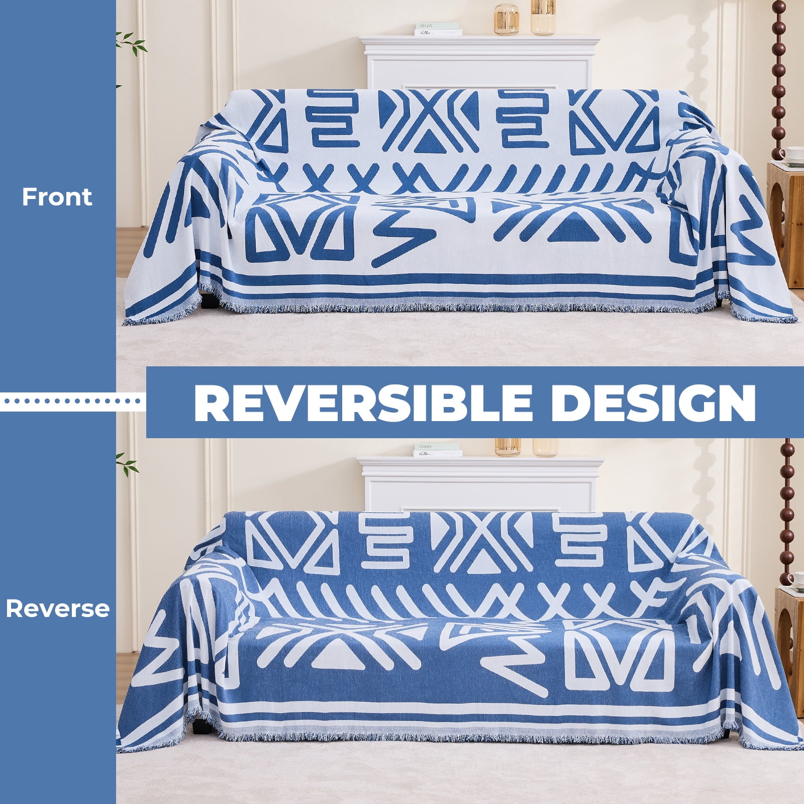 Sanmadrola Boho Sofa Cover Chenille Couch Covers Blanket Furniture Protector for Sectional Sofa, Anti Slip Couch Covers for 2 Cushion Couch, Washable Slipcover for Dog (Blue, 71"x102")