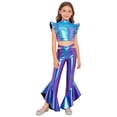 thumbnail image 2 of Eandarui Girls Jazz Hip Hop 2-Piece Set Ruffle Rhinestones Cami Top with Shiny Metallic Flared Pants Dance Performance Outfit Blue 14, 2 of 7
