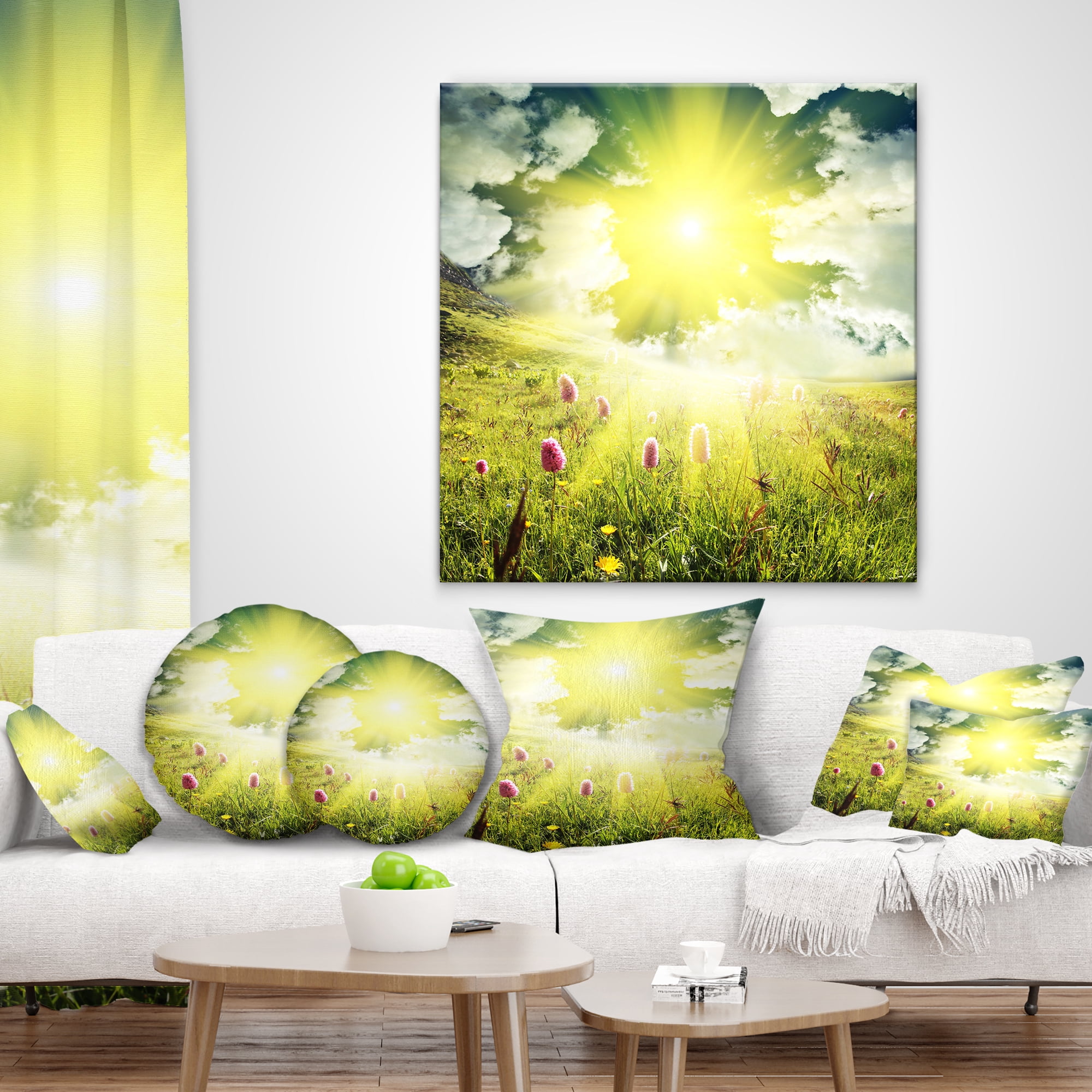 Designart Mountains Pasture under Bright Sunset - Landscape Printed Throw Pillow - 12x20