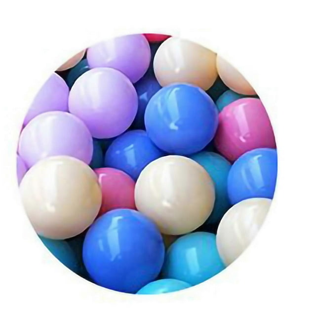 100pcs kids play ball funny bright color reusable ocean ball for pool playground tentmacaron 5 colors thickened 5.5cm / 2.2in close-up, front-facing cluster of glossy PE balls in blue, light blue, lavender, pink and cream; smooth surfaces, 5.5cm (2.2in) diameter, pack of 100 for ball pits, pools and play tents, also suitable for sensory bins to support group play and hand–eye coordination.