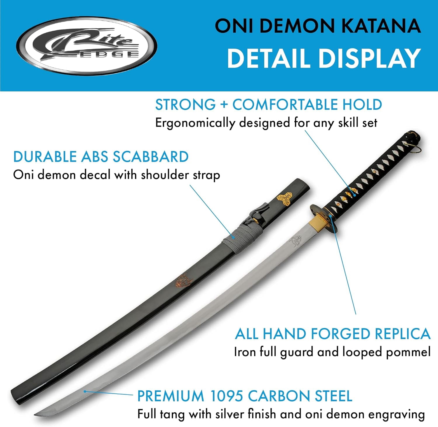 SZCO 40" Black Carbon Steel Oni Katana with Wooden Display Stand