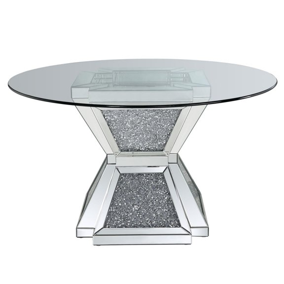 52 Inch Glass Top Dining Table with Pedestal Base, Silver