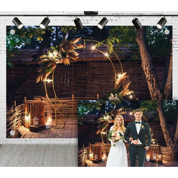 7x5ft Outdoor Wedding Ceremony Backdrop, Metal Arch Natural Courtyard, Background for Small Weddings Photoshoot Proposals Country Style Theme Party Decoration Video Studio Props