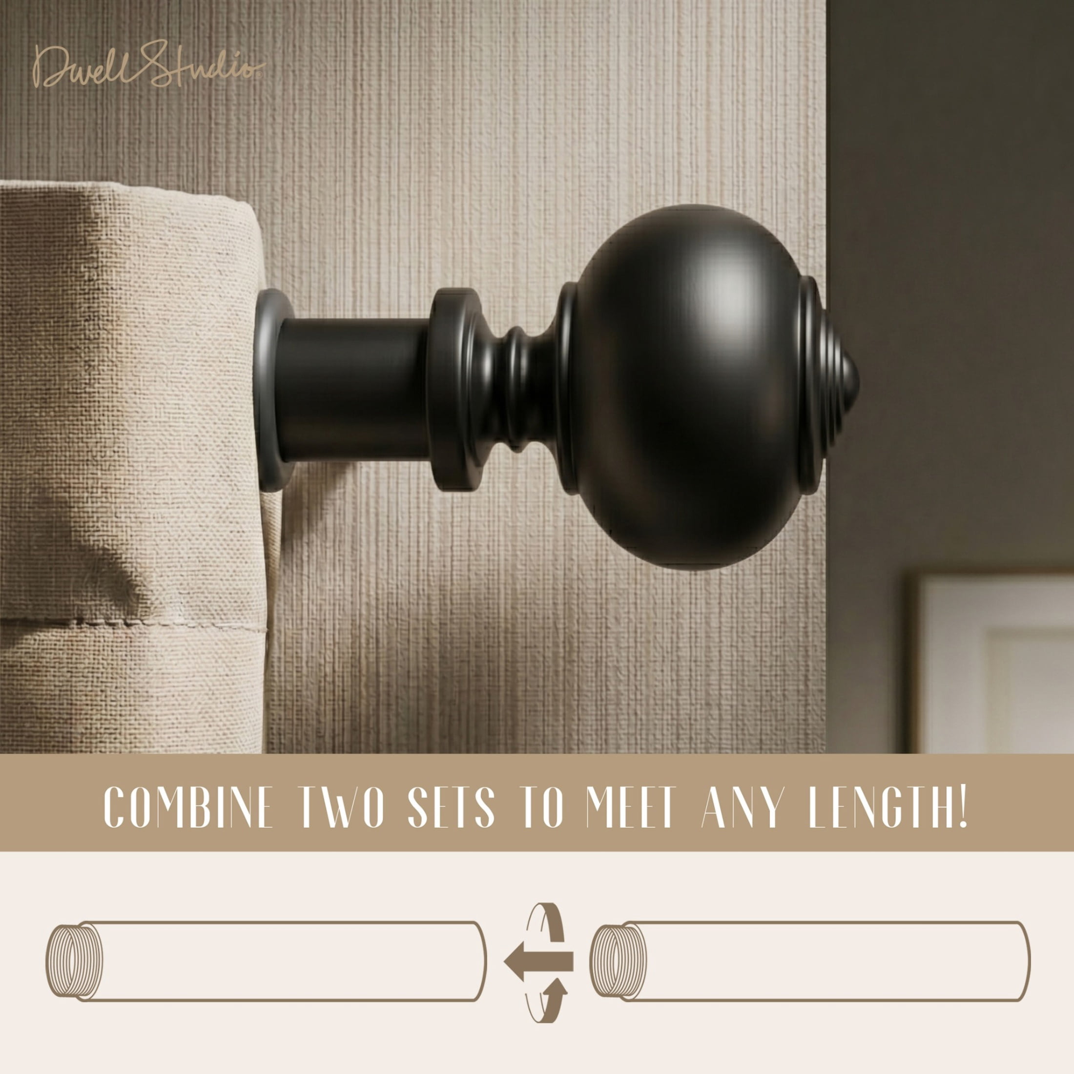 Dwell Studio, Cutomizable Curtain Rods, 3/4" Iron Material, 20 inch-120 inch Kit, Matte Black