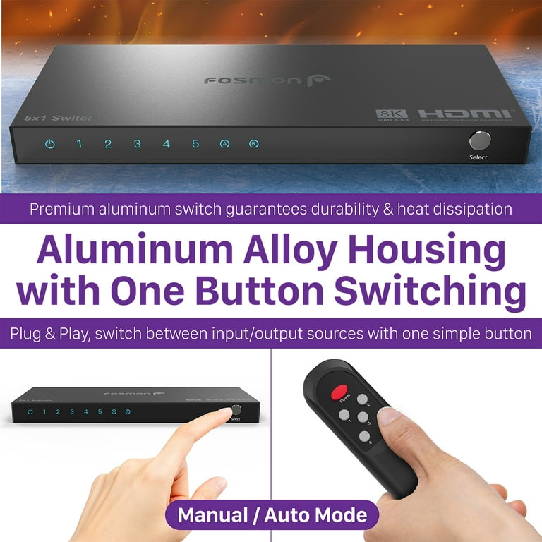 HDMI 2.1 Switch 8K HDMI Switcher, 4K 120hz HDR Aluminum Bi-Directional  Switch Splitter 2 in 1 Out or 1 in 2 Out, Support High Speed 48Gbps  8K@60Hz