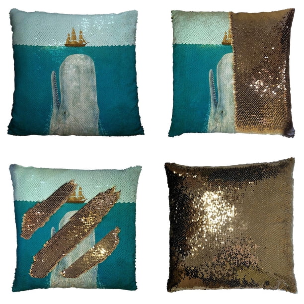ABPHQTO Funda de almohada de ballena, barco de vela de mar azul ballena, funda de almohada de lentejuelas de sirena reversible, funda de cojín para decoración del hogar, 45x45 cm ABPHQTO FishPillow-QQ-40-18x18