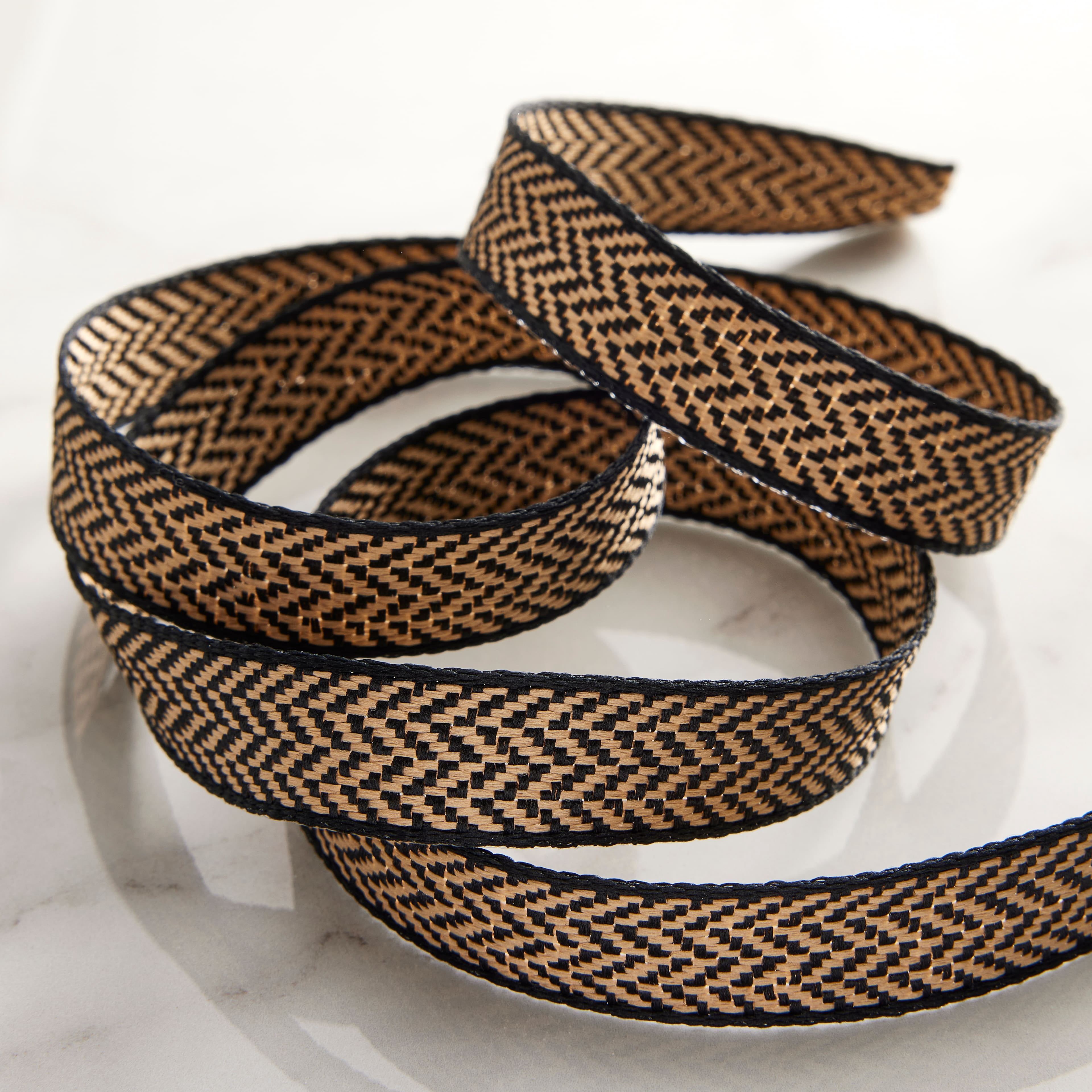 5/8" x 7yd Natural and Black Chevron Ribbon by Celebrate It – Woven Polyester Design - Non-Wired with Selvage Edge - Ideal for Crafts & Gift Wrapping - 12 Pack