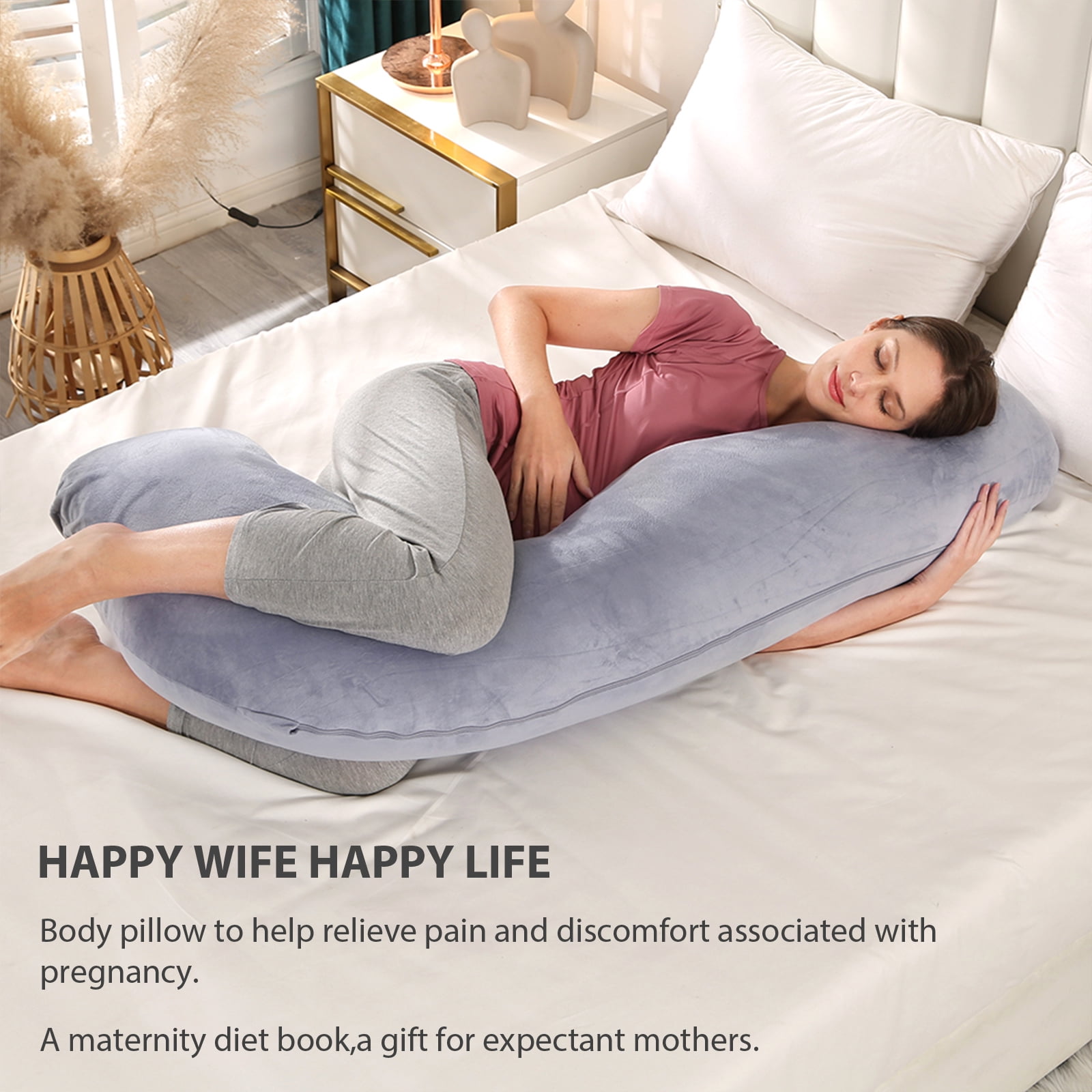 BATTOP Pregnancy Pillow for Side Sleeping, Soft J Shaped Maternity Body Pillows for Pregnancy with Removable Cover, Support for Back, Hips, Legs, Belly for Pregnant Women, Gray