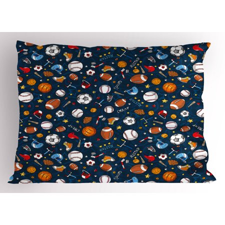 Sam Football - Sport Pillow Sham Many Basketball Baseball and Football Icons Champ Gloves Dark Background, Decorative Standard King Size Printed Pillowcase, 36 X 20 Inches, Dark Blue Multicolor, by Ambesonne
